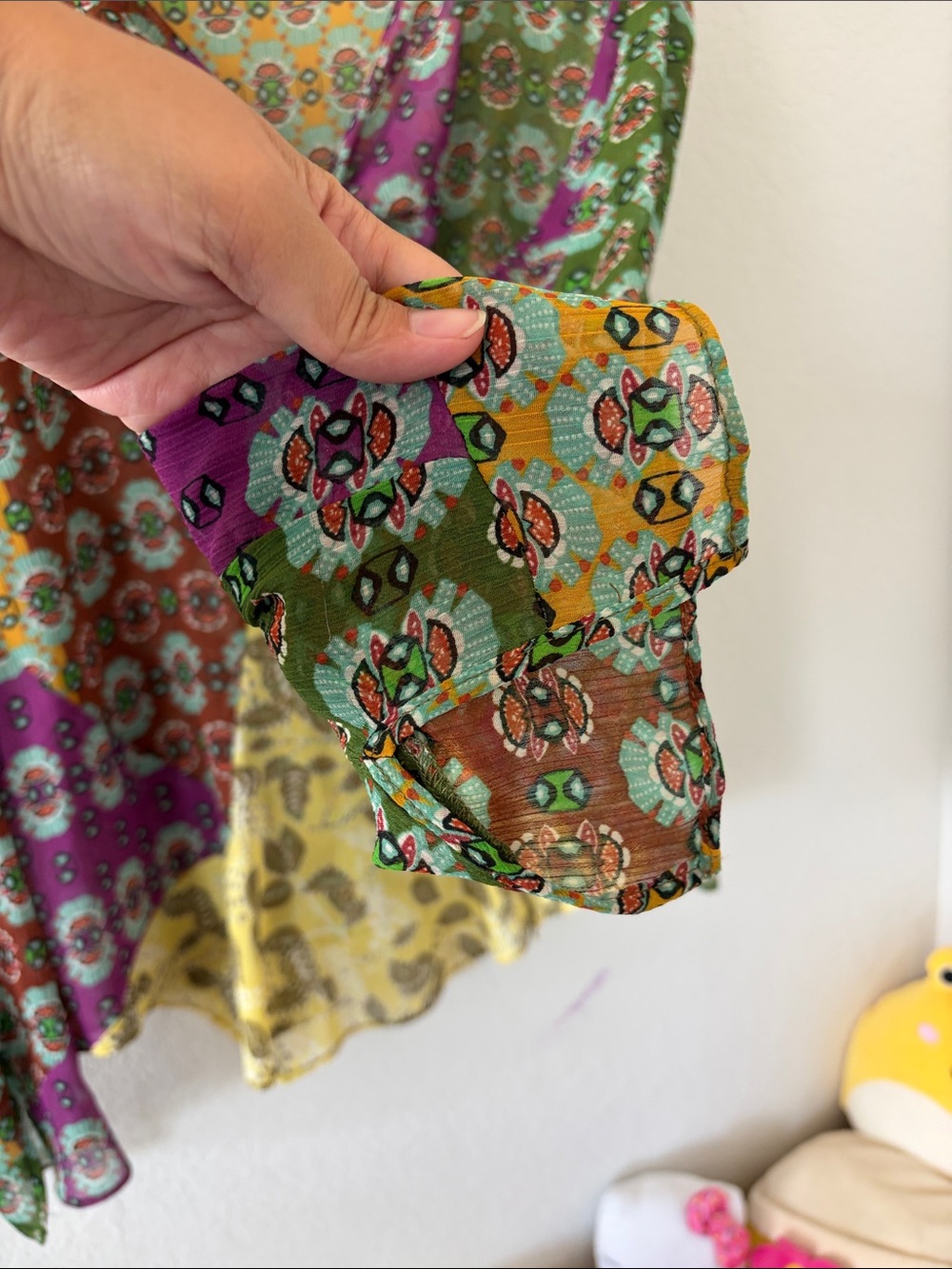 Zara Studio Zodiac Patchwork Chiffon Boho Multi-Color Printed Tie-Neck Blouse - Picture 4 of 7